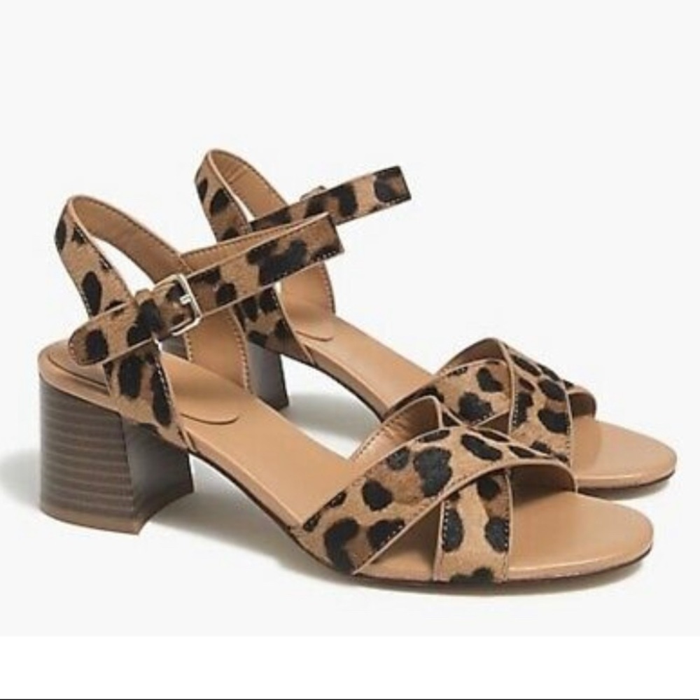 J. Crew Leopard Calf Hair Low Block Heel Sandals